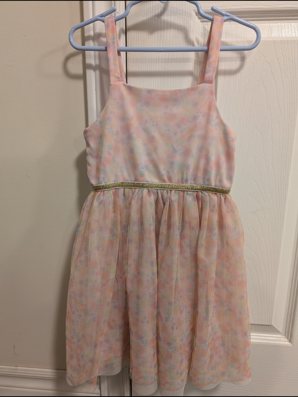 Girls' Pastel Pink Floral Party Dress with Gold Waistband